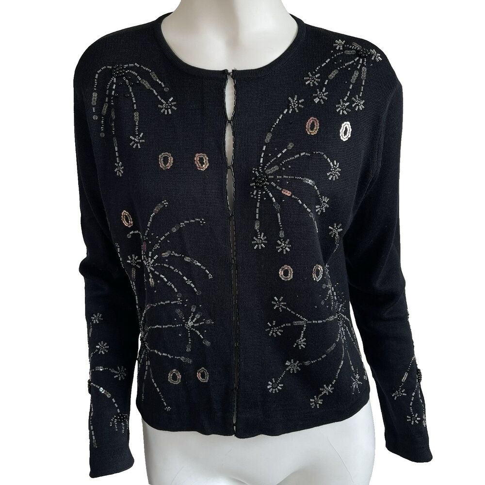 Vintage Cardigan Firework Beaded New Years Novelty 90s Sweater M Silk Wool